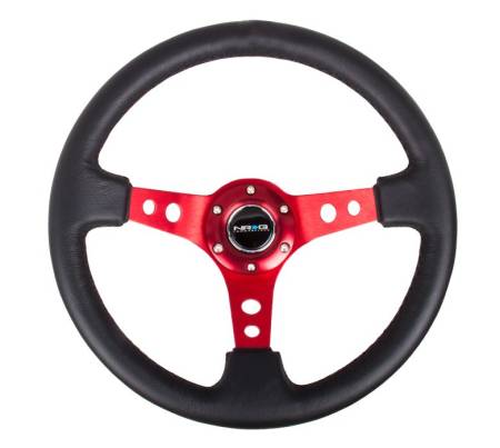 NRG Innovations - NRG Innovations Reinforced Steering Wheel (350mm / 3in. Deep) Blk Leather w/Red Circle Cutout Spokes