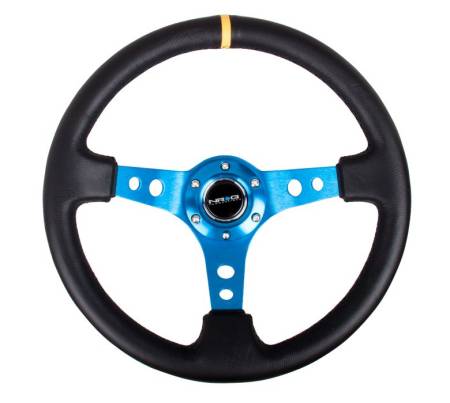 NRG Innovations - NRG Innovations Reinforced Steering Wheel (350mm / 3in. Deep) Blk Leather w/Blue Cutout Spoke & Single Yellow CM