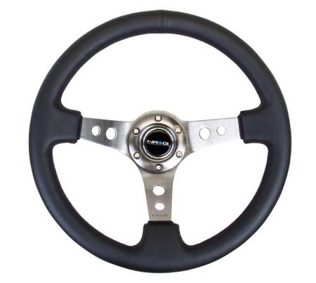 NRG Innovations - NRG Innovations Reinforced Steering Wheel (350mm / 3in. Deep) Blk Leather w/Gunmetal Circle Cutout Spokes