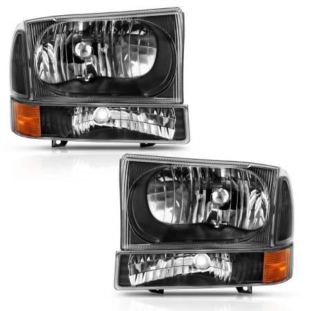 ANZO Headlights, Tail Lights and More  - ANZO 2000-2004 Ford Excursion Crystal Headlight w/ Corner Light Black Amber (w/o Bulb)