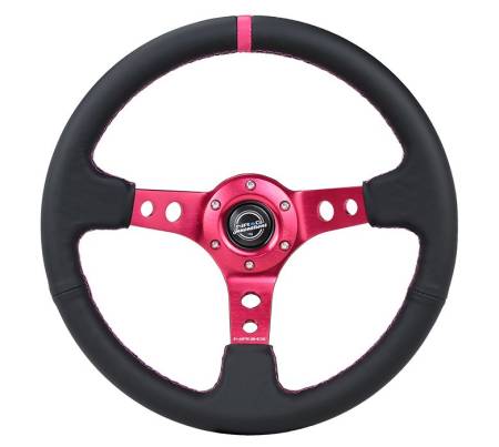 NRG Innovations - NRG Innovations Reinforced Steering Wheel (350mm/3in. Deep) Black Leather/ Fushia Center Mark/ Fushia Stitching