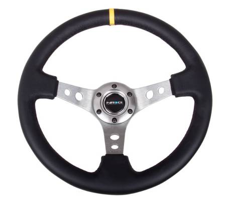 NRG Innovations - NRG Innovations Reinforced Steering Wheel (350mm / 3in. Deep) Blk Leather w/Gunmetal Cutout Spoke & Yellow CM
