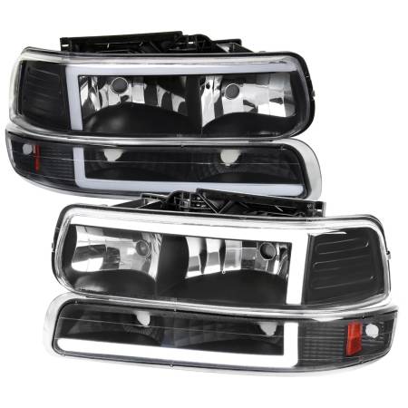 Spec'D Tuning Products - Spec-D 1999-2002 Chevrolet Silverado 1500 2500 / 2000-2006 Tahoe Suburban LED Bar Factory Style Headlights & Bumper Lights w/ Amber Reflector (Matte Black Housing/Clear Lens)