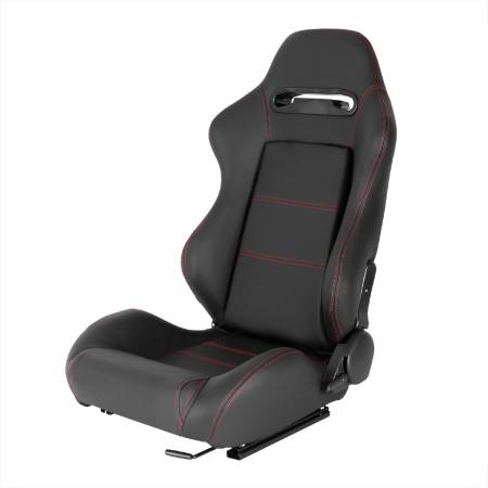 Spec'D Tuning Products - Spec-D Fully Reclinable Black PVC Leather Red Stitch Bucket Racing Seat w/ Sliders - Driver Side Only