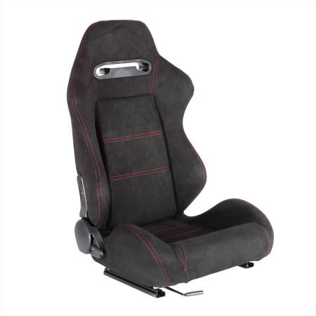 Spec'D Tuning Products - Spec-D Fully Reclinable Black Suede Red Stitch Bucket Racing Seat w/ Sliders - Passenger Side Only