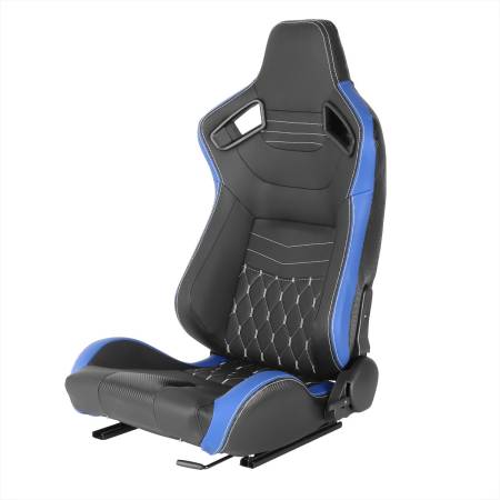 Spec'D Tuning Products - Spec-D Fully Reclinable Black & Blue PVC Leather White Stitch Bucket Racing Seat w/ Sliders - Driver Side Only