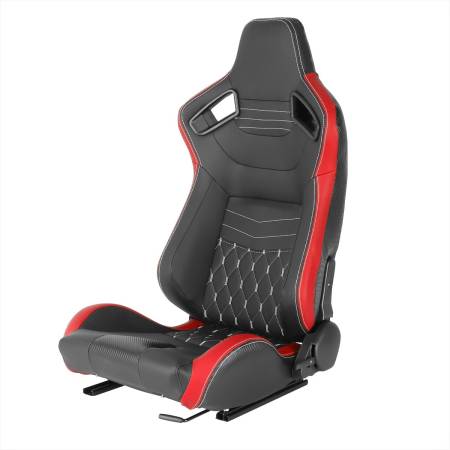 Spec'D Tuning Products - Spec-D Fully Reclinable Black & Red PVC Leather White Stitch Bucket Racing Seat w/ Sliders - Driver Side Only