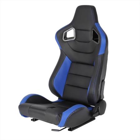 Spec'D Tuning Products - Spec-D Fully Reclinable Black & Blue PVC Leather Carbon Fiber Style Bucket Racing Seat w/ Sliders - Driver Side Only