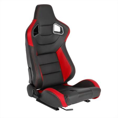 Spec'D Tuning Products - Spec-D Fully Reclinable Black & Red PVC Leather Carbon Fiber Style Bucket Racing Seat w/ Sliders - Passenger Side Only