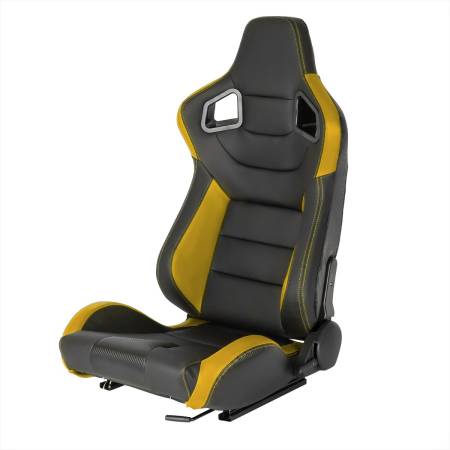 Spec'D Tuning Products - Spec-D Fully Reclinable Black & Yellow PVC Leather Carbon Fiber Style Bucket Racing Seat w/ Sliders - Driver Side Only
