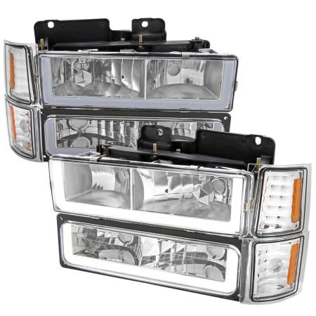 Spec'D Tuning Products - Spec-D 1994-1998 Chevrolet Silverado/Tahoe/Suburban/C10 Factory Style Headlights w/LED Strip and Bumper & Corner Lights (Chrome Housing/Clear Lens)