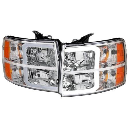 Spec'D Tuning Products - Spec-D 2007-2013 Chevrolet Silverado 1500/ 2007-2014 Silverado 2500HD 3500HD LED Bar Factory Style Headlights w/ Amber Reflector (Chrome Housing/Clear Lens)