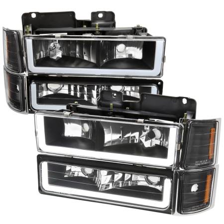 Spec'D Tuning Products - Spec-D 1994-1998 Chevrolet Silverado/Tahoe/Suburban/C10 Factory Style Headlights w/LED Strip and Bumper & Corner Lights (Matte Black Housing/Clear Lens)
