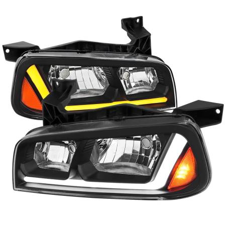 Spec'D Tuning Products - Spec-D 2006-2010 Dodge Charger Switchback Sequential LED Bar Factory Style Headlights (Matte Black Housing/Clear Lens)