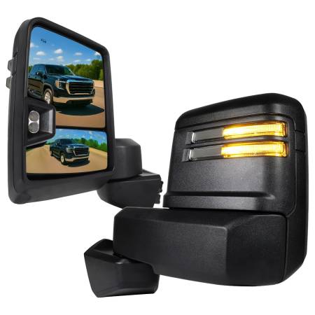Spec'D Tuning Products - Spec-D 2019-2022 GMC Sierra 1500 Power Adjustable, Heated, & Manual Extendable Black Towing Mirrors w/ Smoke Lens LED Turn Signal & Clearance Lights