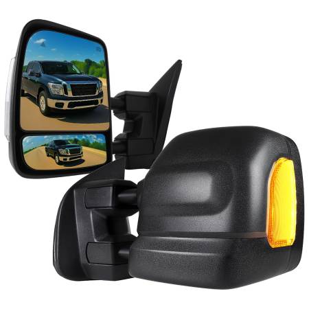 Spec'D Tuning Products - Spec-D 2016-2022 Nissan Titan Power Adjustable, BSM, & Manually Extendable Black Towing Mirrors with Clear Lens LED Turn Signal & Puddle Lights