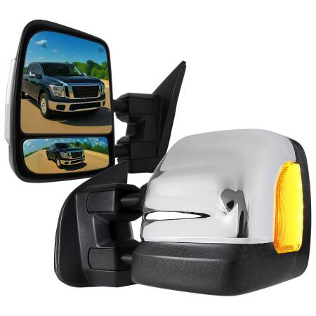 Spec'D Tuning Products - Spec-D 2016-2022 Nissan Titan Power Adjustable, BSM, & Manually Extendable Chrome Towing Mirrors with Clear Lens LED Turn Signal & Puddle Lights