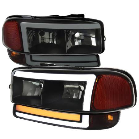 Spec'D Tuning Products - Spec-D 1999-2006 GMC Sierra/2007 Sierra Classic/2000-2006 Yukon/XL Factory Style Headlights and Sequential Turn Signal Bumper Lights (Matte Black Housing/Smoke Lens)
