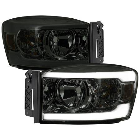 Spec'D Tuning Products - Spec-D 2006-2008 Dodge RAM 1500/ 2006-2009 RAM 2500 3500 LED Bar Factory Style Crystal Headlights (Chrome Housing/Smoke Lens)