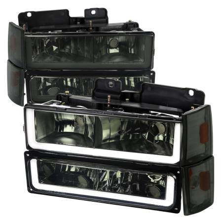 Spec'D Tuning Products - Spec-D 1988-1993 Chevrolet/GMC C10 C/K Sierra Tahoe LED Tube Factory Style Headlights with Bumper & Corner Lights (Chrome Housing/Smoke Lens)