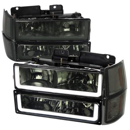 Spec'D Tuning Products - Spec-D 1994-1998 Chevrolet Silverado/Tahoe/Suburban/C10 Factory Style Headlights w/LED Strip and Bumper & Corner Lights (Chrome Housing/Smoke Lens)