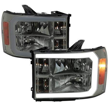 Spec'D Tuning Products - Spec-D 2007-2013 GMC Sierra 1500/ 2007-2014 1500HD 2500HD 3500HD LED Bar Factory Style Headlights (Chrome Housing/Smoke Lens)