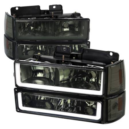 Spec'D Tuning Products - Spec-D 1994-1998 GMC C10/Sierra/Suburban/Yukon Factory Style Headlights w/LED Strip and Bumper & Corner Lights (Chrome Housing/Smoke Lens)