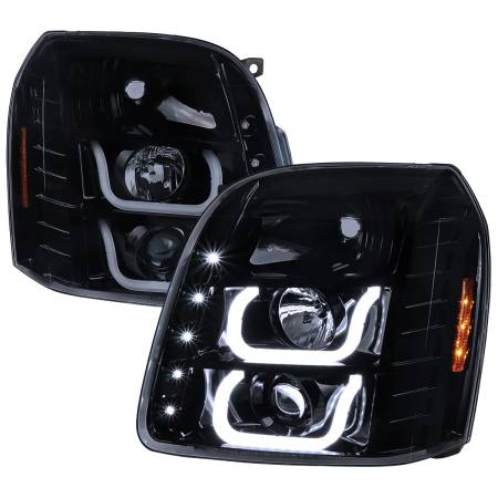 Spec'D Tuning Products - Spec-D 2007-2014 GMC Yukon/Yukon XL 1500/2500 LED U-Bar Projector Headlights (Glossy Black Housing/Light Smoke Lens)
