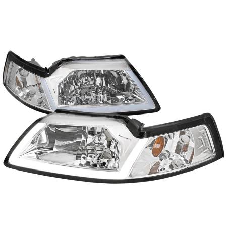 Spec'D Tuning Products - Spec-D 1999-2004 Ford Mustang LED Bar Factory Style Headlights with Amber Reflector (Chrome Housing/Clear Lens)