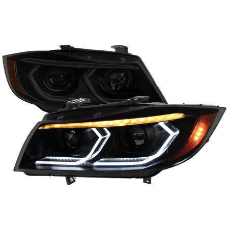 Spec'D Tuning Products - Spec-D 2006-2011 BMW E90 3 Series Sedan 3D Iced LED Dual Projector Headlights (Matte Black Housing/Smoke Lens)