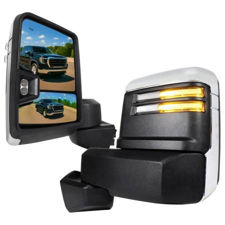 Spec'D Tuning Products - Spec-D 2019-2022 GMC Sierra 1500 Power Adjustable, Heated, & Manual Extendable Chrome Towing Mirrors w/ Clear Lens LED Turn Signal & Clearance Lights
