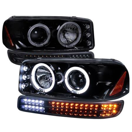 Spec'D Tuning Products - Spec-D 1999-2006 GMC Sierra/ 2000-2006 Yukon/Yukon XL Dual Halo Projector Headlights with LED Sequential Turn Signal Bumper Lights (Glossy Black Housing/Smoke Lens)