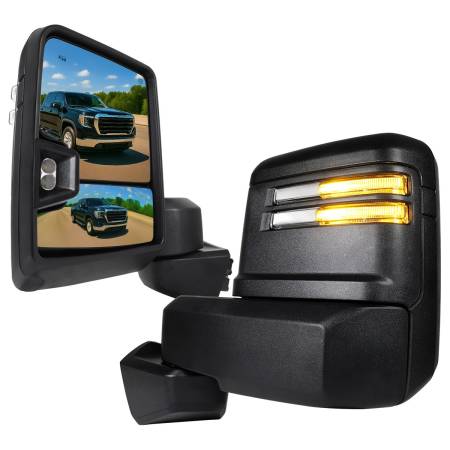 Spec'D Tuning Products - Spec-D 2019-2022 GMC Sierra 1500 Power Adjustable, Heated, & Manual Extendable Black Towing Mirrors w/ Clear Lens LED Turn Signal & Clearance Lights