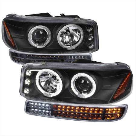 Spec'D Tuning Products - Spec-D 1999-2006 GMC Sierra/ 2000-2006 Yukon/Yukon XL Dual Halo Projector Headlights with LED Sequential Turn Signal Bumper Lights (Matte Black Housing/Clear Lens)