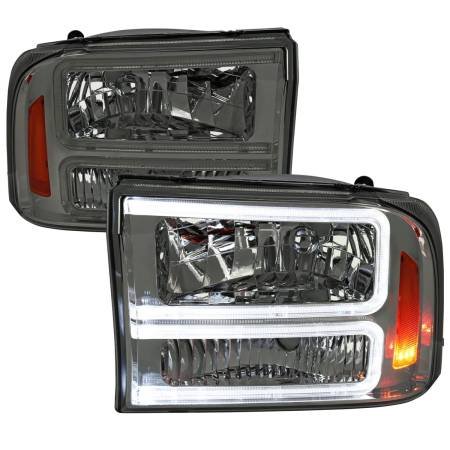 Spec'D Tuning Products - Spec-D 1999-2004 Ford F-250/F-350/F-450/F-550/2000-2004 Excursion Euro Factory Style Headlights with Dual LED C-Bar  (Chrome Housing/Smoke Lens)