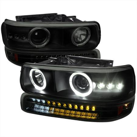 Spec'D Tuning Products - Spec-D 1999-2002 Chevrolet Silverado/ 2000-2006 Chevrolet Tahoe/Suburban Dual Halo Projector Headlights with LED Sequential Turn Signal Bumper Lights (Black Housing/Smoke Lens)