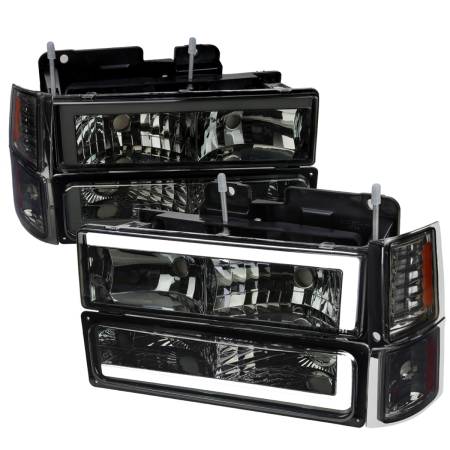 Spec'D Tuning Products - Spec-D 1994-1998 Chevrolet C10 C/K Tahoe Suburban LED Tube Factory Headlights with Corner Signal Bumper Lights (Chrome Housing/Smoke Lens)