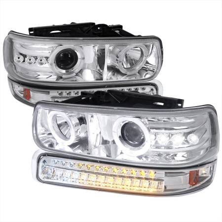 Spec'D Tuning Products - Spec-D 1999-2002 Chevrolet Silverado/ 2000-2006 Chevrolet Tahoe/Suburban Dual Halo Projector Headlights with LED Sequential Turn Signal Bumper Lights (Chrome Housing/Clear Lens)