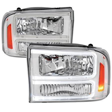 Spec'D Tuning Products - Spec-D 1999-2004 Ford F-250/F-350/F-450/F-550/2000-2004 Excursion Euro Factory Style Headlights with Dual LED C-Bar  (Chrome Housing/Clear Lens)
