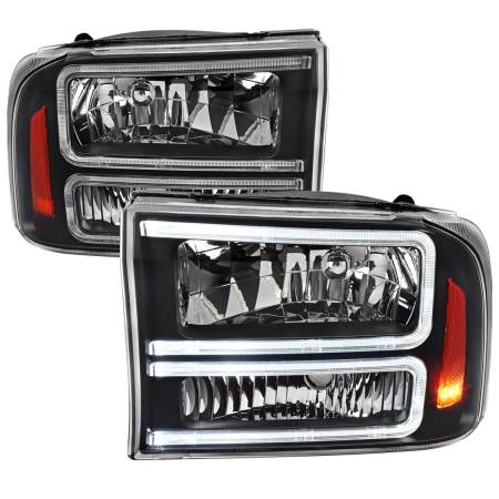 Spec'D Tuning Products - Spec-D 1999-2004 Ford F-250/F-350/F-450/F-550/2000-2004 Excursion Euro Factory Style Headlights with Dual LED C-Bar  (Matte Black Housing/Clear Lens)