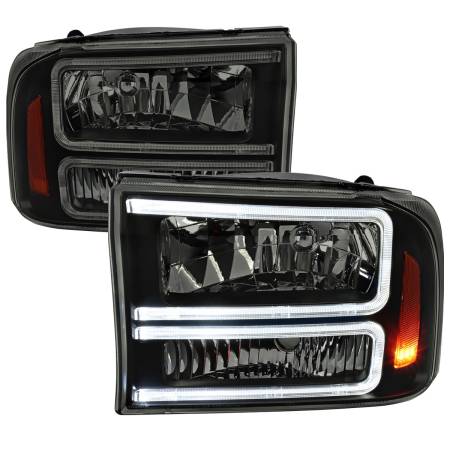 Spec'D Tuning Products - Spec-D 1999-2004 Ford F-250/F-350/F-450/F-550/2000-2004 Excursion Euro Factory Style Headlights with Dual LED C-Bar & Amber Reflectors (Jet Black Housing/Smoke Lens)