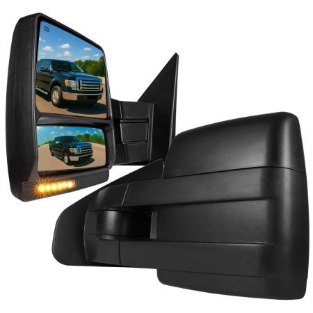 Spec'D Tuning Products - Spec-D 2007-2014 Ford F-150 Black Power Heated Telescoping Tow Mirrors with LED Turn Signals in Amber Lens and Puddle Lights