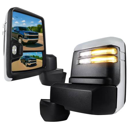 Spec'D Tuning Products - Spec-D 2020-2022 Chevrolet Silverado/GMC Sierra 2500HD/3500HD Power Adjustable, Heated, & Manual Extendable Chrome Towing Mirrors w/ Clear Lens LED Turn Signal & Clearance Lights