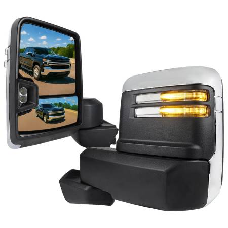 Spec'D Tuning Products - Spec-D 2019-2022 Chevrolet Silverado 1500 Power Adjustable, Heated, & Manual Extendable Chrome Towing Mirrors w/ Clear Lens LED Turn Signal & Clearance Lights