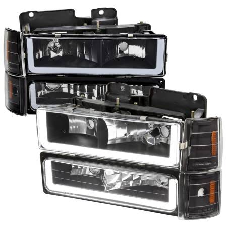 Spec'D Tuning Products - Spec-D 1994-1998 GMC C10/Sierra/Suburban/Yukon Factory Style Headlights w/LED Strip and Bumper & Corner Lights (Matte Black Housing/ Clear Lens)