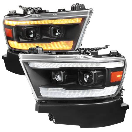 Spec'D Tuning Products - Spec-D 2019-2022 Dodge RAM 1500 Switchback Sequential LED Turn Signal Projector Headlights (Matte Black Housing/Clear Lens)