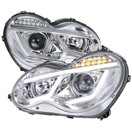 Spec'D Tuning Products - Spec-D 2001-2007 Mercedes Benz W203 C Class Sedan Projector Headlights w/ LED Light Bar & LED Turn Signal Lights (Chrome Housing/Clear Lens)