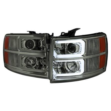 Spec'D Tuning Products - Spec-D 2007-2013 Chevrolet Silverado 1500/ 2007-2014 Silverado 2500HD 3500HD Dual LED C-Bar Projector Headlights (Chrome Housing/Smoke Lens)