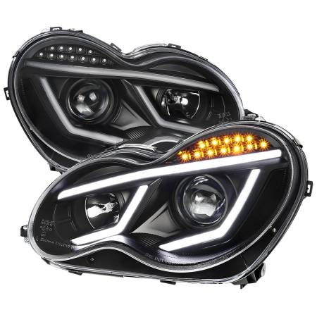 Spec'D Tuning Products - Spec-D 2001-2007 Mercedes Benz W203 C Class Sedan Projector Headlights w/ LED Light Bar & LED Turn Signal Lights (Matte Black Housing/Clear Lens)