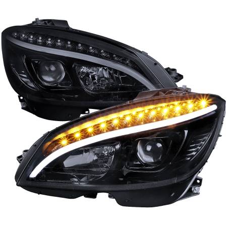 Spec'D Tuning Products - Spec-D 2008-2011 Mercedes Benz W204 C Class Projector Headlights w/ LED Light Bar & LED Turn Signal Lights (Glossy Black Housing/Smoke Lens)